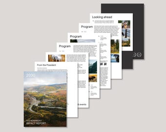 Modèle Canva modifiable de rapport d'impact annuel pour les organisations à but non lucratif, rapport de 8 pages entièrement personnalisable