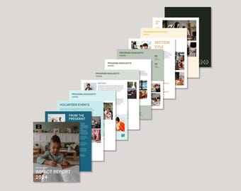 Modèle Canva modifiable de rapport d'impact annuel pour les organisations à but non lucratif, rapport de 12 pages entièrement personnalisable