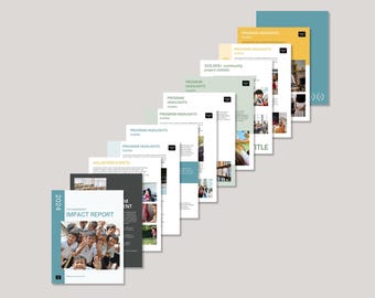 Modèle Canva modifiable de rapport d'impact annuel pour les organisations à but non lucratif, rapport de 12 pages entièrement personnalisable
