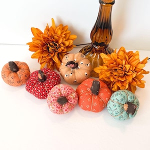 Peut inclure: Une collection de sept citrouilles en tissu faites à la main dans différentes couleurs et motifs, notamment rouge, orange, rose et vert. Les citrouilles sont disposées sur une surface blanche.