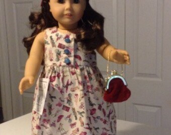 Dress or jumper  for Am. Girl Doll - light tan cotton fabric with antique toys, green and burgundy. Purse not included.