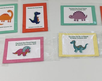 Special Convention 2024 gifts for children, friends.  Colorful and fun set of 10 Dino cards each in a 4x6 inch cellophane bag.