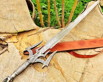 Miecz ze stali damasceńskiej ręcznie robiony: rękojeść aluminiowa, pochwa z włoskiej skóry