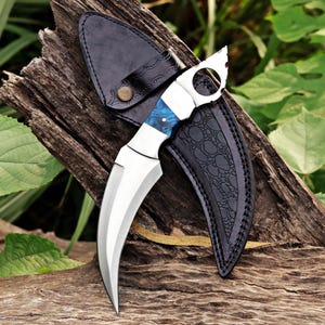 May include: A curved, silver blade knife with a blue and white handle, in a black leather sheath. The knife has a circular opening near the handle, set against a natural wood background.