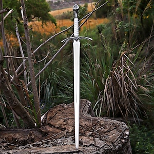 May include: A silver sword with a white handle and a black crossguard is displayed outdoors. The sword is standing upright on a tree stump, with a natural background of trees and foliage.