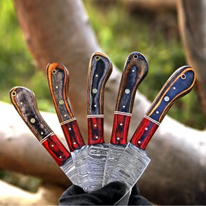 May include: Set of five Damascus steel knives with red and black wood handles. The blades are patterned with a wavy design.