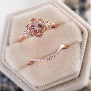Peach Morganite Engagement Ring Set, Curved Wedding Band, June Birthstone Anniversary Promise Ring Women, Dainty Rose Gold Jewelry Ring Set
