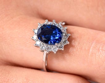 Diana Ring, Sapphire Engagement Ring, Vintage Blue Wedding Ring, Princess Diana Anniversary Gift, 2 ct Lab Sapphire Royal Silver Jewellery