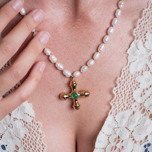 Gift Cross Necklace, Gold Crucifix Pendant Necklace, Unique Pearl Necklace for Women, Handmade Christmas Gift for Her, Women