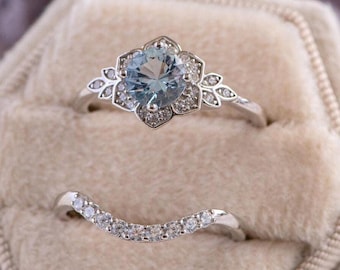 Aquamarine Stackable Silver Ring Set with Curved Band, March Birthstone Engagement Proposal Rings for Women, Anniversary Birthday Gift