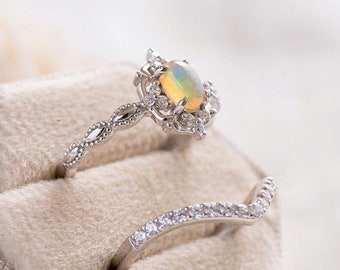 Sterling Silver Wedding Ring Set, Rainbow Fire Opal Gemstone Women Ring Christmas Gift, Bridal Jewellery Set with Stackable Wishbone Band