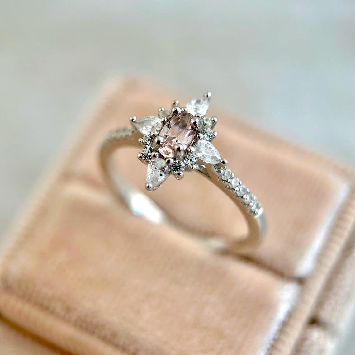 Minimalist Silver Morganite Engagement Ring, Dainty Multi Stone Promise Ring, Christmas Gift for Mom, 925 Sterling Silver Everyday Jewelry
