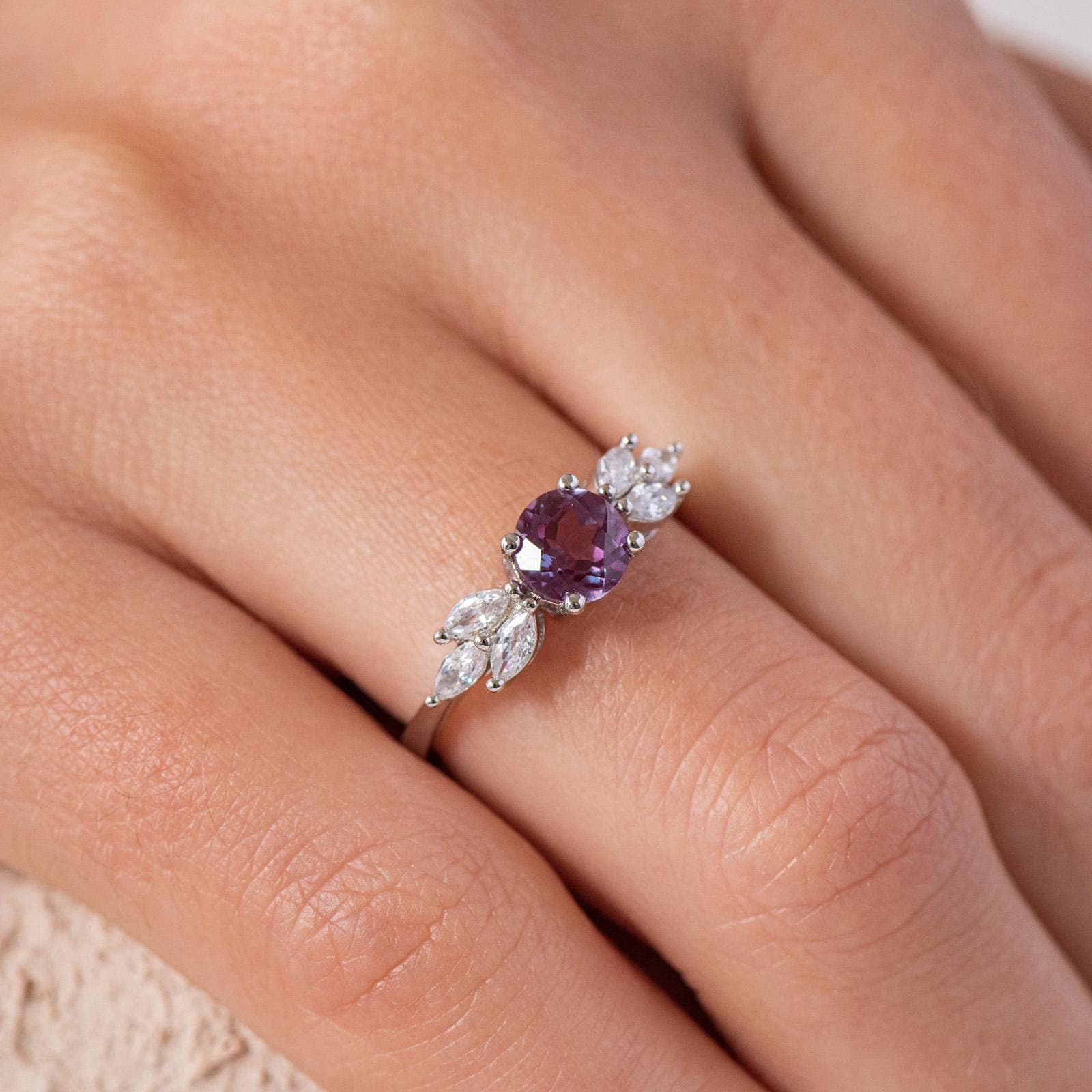 Silver Alexandrite Statement Ring, Dainty Engagement Ring with Marquise Diamonds, Art Deco Minimalist Ring, June Birthstone Handmade Gifts