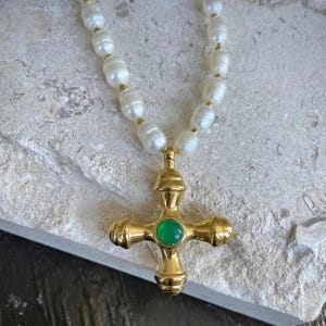 Natural Freshwater Pearl Necklace with Gold Cross Pendant, Unique Necklace Gift for Women, Christmas Gift for Mother, Gold Jewelry for Her