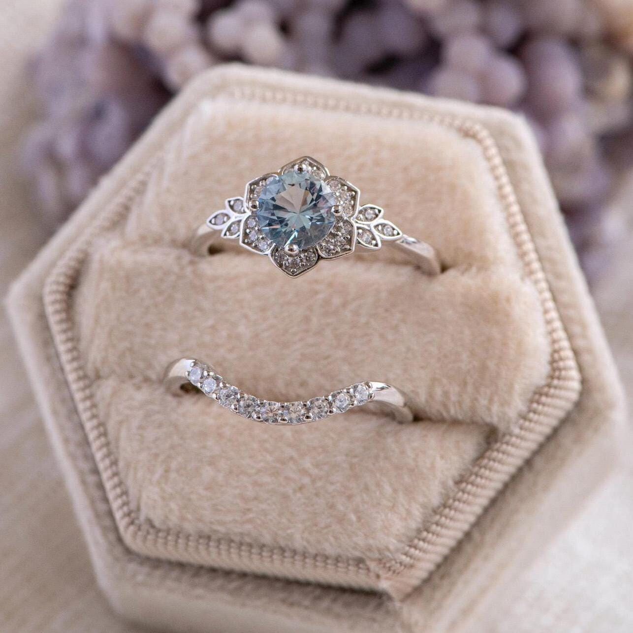 Aquamarine Stackable Silver Ring Set with Curved Band, March Birthstone Engagement Proposal Rings for Women, Anniversary Birthday Gift