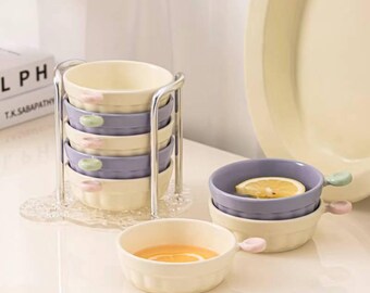 Stackable Ceramic Bowls with Handles and Metal Stand Modern Minimalist Bowl Set
