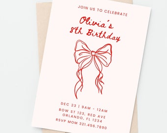 Editable Red Bow Birthday Invitation, Coquette Birthday Party Template, Girls Digital Birthday Invitation, Instant Download