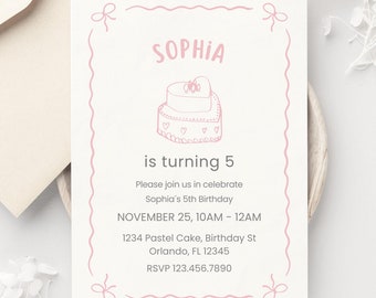 Cake Birthday Invitation Template, 5th Birthday Invitation, Girls Bday Party, Simple invitation for girls, Instant Download