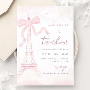 パリのエッフェル塔の誕生日招待状テンプレート、女子会（印刷可能、デジタルダウンロード、編集可能）