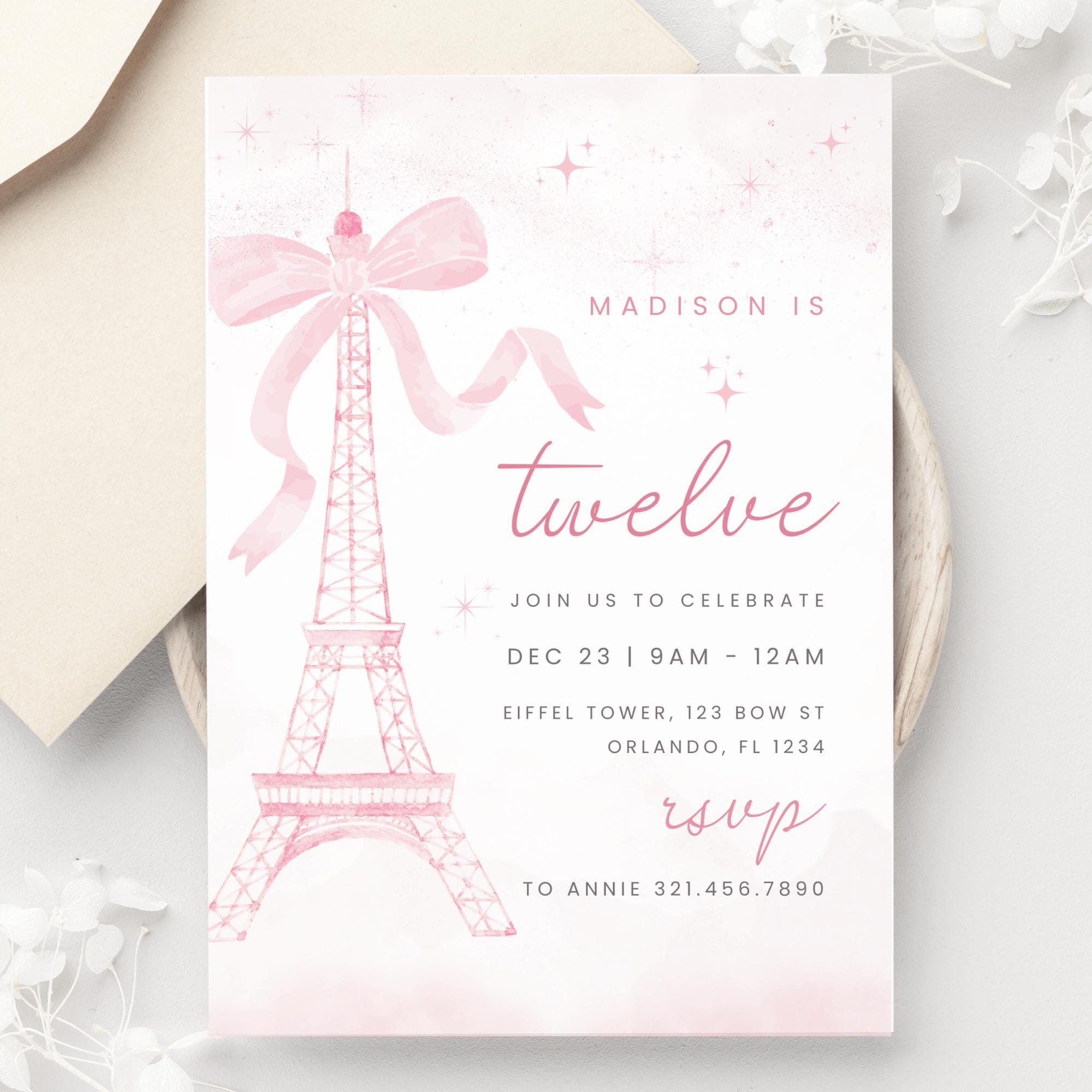 Paris Birthday Invitation Template, Eiffel Tower Birthday Invitation, Girls Bday Party, Paris Watercolor invitation for girls, Download