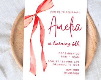 Coquette Red Bow Birthday Invitation, Christmas Birthday Party Template, Editable Digital Birthday Invitation, Instant Download