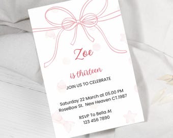 Editable Pink Bow Birthday Invitation, Coquette Birthday Party Template, Girls Digital Birthday Invitation, Instant Download, Rose Delicate