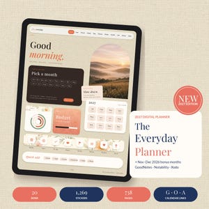 May include: A digital planner displayed on a tablet screen featuring a beige interface with the text Good morning, 2027, and various navigation widgets. The layout includes a monthly calendar, budget tracker, and floral icons for organization.
