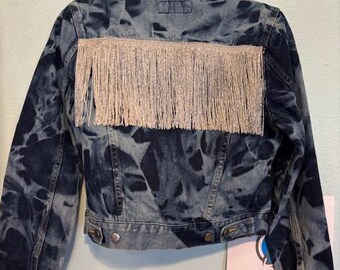 Upcycled Denim Jacket Bleach Dyed w/ Fringe