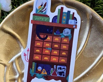 Dark Academia Apothecary Dresser 3.5in l Laminated Vinyl Die Cut Sticker