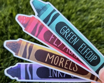 Mushroom Themed Crayons 4in l Laminated Vinyl Die Cut Sticker