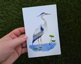Blue Heron Greeting Card - Handmade Stationery (4x6" blank inside)