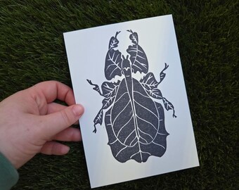 Block Print Leaf Bug- Hand printed lino block carving (5"x7")