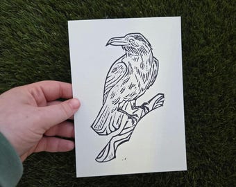 Block Print Crow- Hand printed lino block carving (5"x7")
