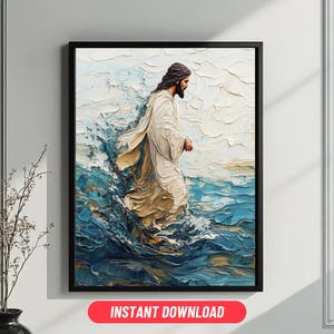 Jesus Christ Walking on Water, Digital Jesus Portrait, Jesus Oil Painting, Bible Verse Wall Art, Christian Art, Ready to Download