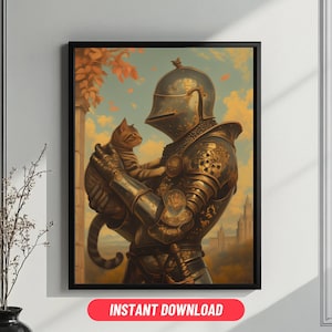 Medieval Knight Holding a Cat, Mythical Art, Digital Download, Magical Art, DND Wall Art,  Fantasy Maximalist Art
