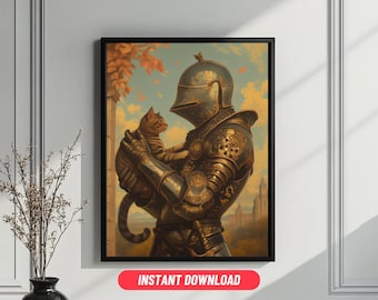 May include: A knight in shining armor, wearing a helmet with a golden design, holds a brown tabby cat in his arms. The knight is standing in front of a stone building with a green and brown background.