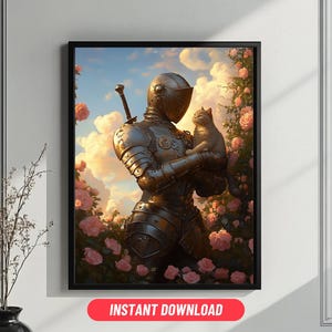 Medieval Knight Holding a Cat, Mythical Art, Digital Download, Magical Art, DND Wall Art,  Fantasy Maximalist Art