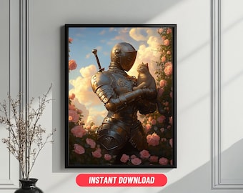 May include: A knight in shining armor holds a cat in their arms, surrounded by pink roses. The knight is wearing a helmet and armor, and the cat is looking at the viewer. The background is a cloudy sky.