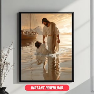 Jesus and Peter Walk on Water, Modern Wall Print. Christian Painting, Classic Christian Art, Bible Verse Wall Art, Jesus Painting, Art Print