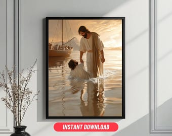 Jesus and Peter Walk on Water, Modern Wall Print. Christian Painting, Classic Christian Art, Bible Verse Wall Art, Jesus Painting, Art Print