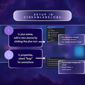 Może przedstawiać: Cyfrowy przewodnik na fioletowym tle, szczeg&oacute;łowo opisujący instrukcje konfiguracji dla Streamlabs/OBS. Tekst zawiera kroki dodawania nowego źr&oacute;dła i zaznaczania "loop" dla animacji, z dodatkowymi notatkami dla obraz&oacute;w i animacji.