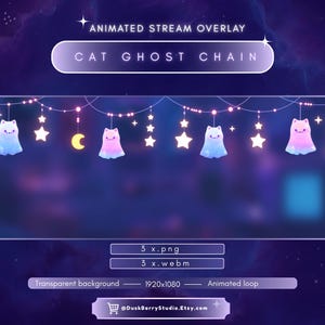 May include: Animated stream overlay with a purple and blue galaxy background. The overlay features a string of cat ghosts and stars. Text includes "Animated Stream Overlay" and "Cat Ghost Chain". The overlay is 1920x1080 with a transparent background.