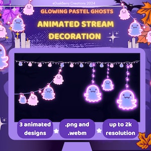 Pode incluir: Luzes de corda animadas com fantasmas pastel brilhantes para streaming. Três designs animados em formatos .png e .webm, até 2k de resolução.  @DuskBerry Creations 2024