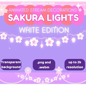 Può includere: Decorazioni animate per lo streaming con luci di ciliegio bianco su uno sfondo trasparente. L'immagine include il testo "SAKURA LIGHTS WHITE EDITION" e "fino a 2k di risoluzione".