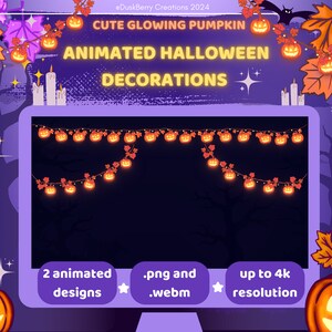 Puede incluir: Decoraciones animadas de Halloween con dos guirnaldas de calabazas brillantes con calabazas naranjas y hojas rojas. Las guirnaldas están sobre un fondo morado oscuro con estrellas y un murciélago negro. El texto "CUTE GLOWING PUMPKIN ANIMATED HALLOWEEN DECORATIONS" está en amarillo. El texto "2 animated designs .png and .webm up to 4k resolution" está en blanco.