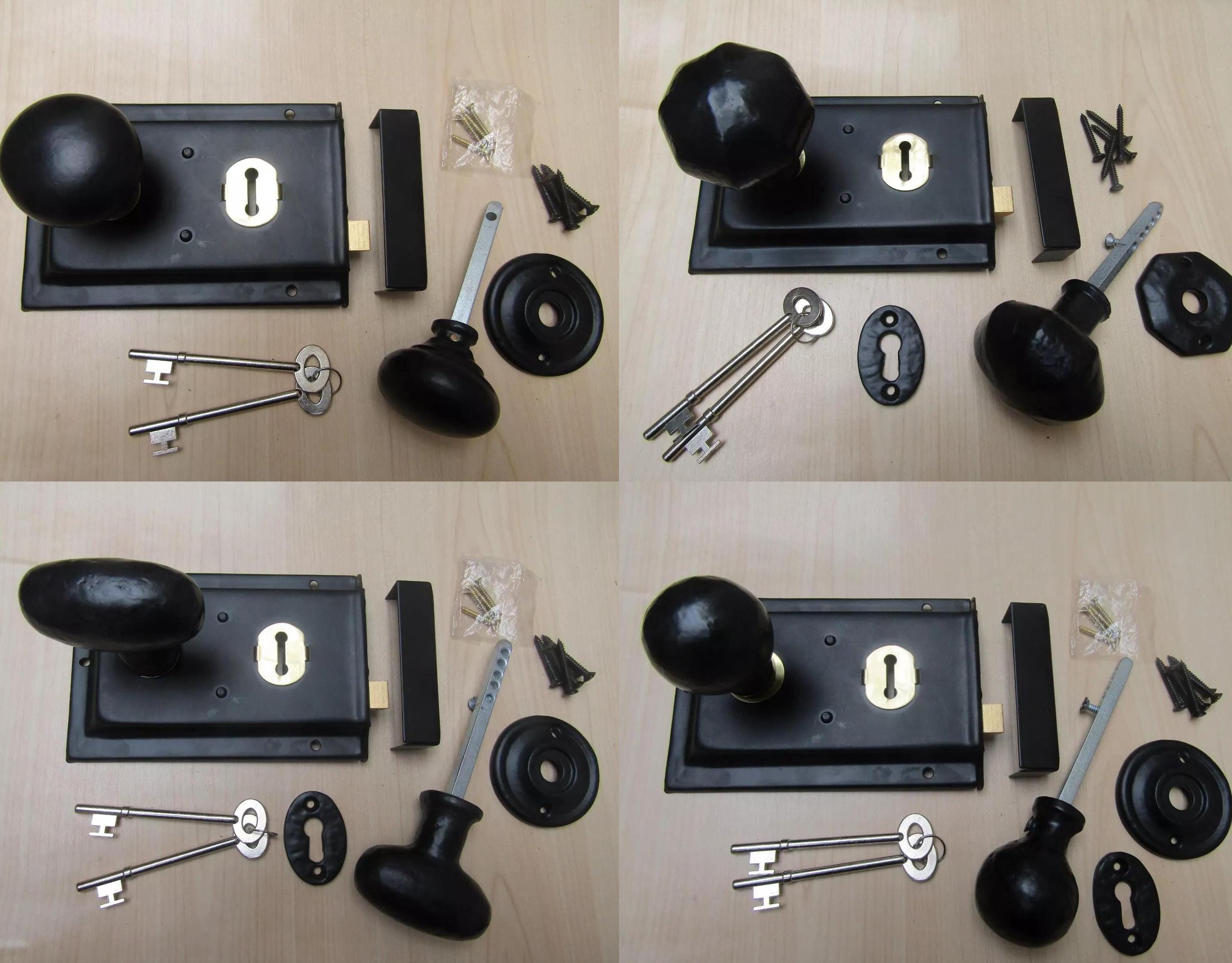Rustic iron Door handles Rim lock & traditional retro rim knob set Old  style door pull handle set Black Antique