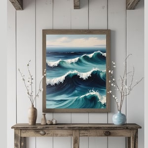 Abstract Ocean Waves Print, Teal Seascape Coastal Wall Art (Digital Download)