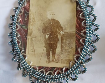 Antique French Beaded Picture Frame, Photo of a Little Boy