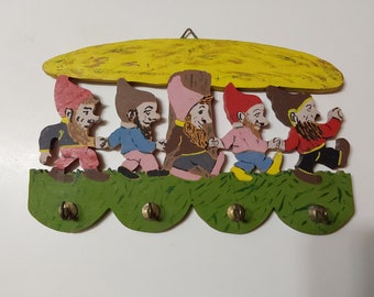 Vintage Gnome or Elf Folk Art Key Rack, Wall Hooks