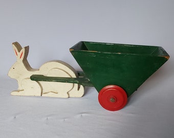 Vintage Hand Made Toy, Folk Art Easter Decoration, Rabbit Pulling a Cart